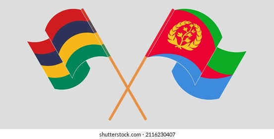 Crossed and waving flags of Mauritius and Eritrea. Vector illustration
