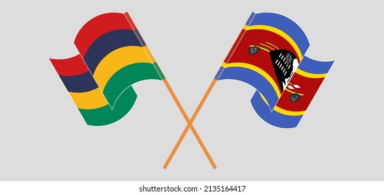 Crossed and waving flags of Mauritius and Eswatini. Vector illustration
