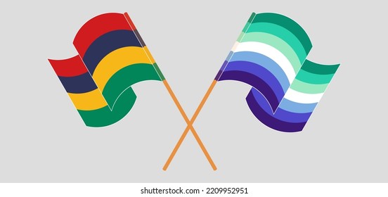 Crossed and waving flags of Mauritius and gay men pride. Vector illustration
