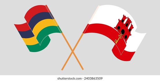 Banderas de Mauricio y Gibraltar cruzadas y ondeadas. Ilustración del vector
