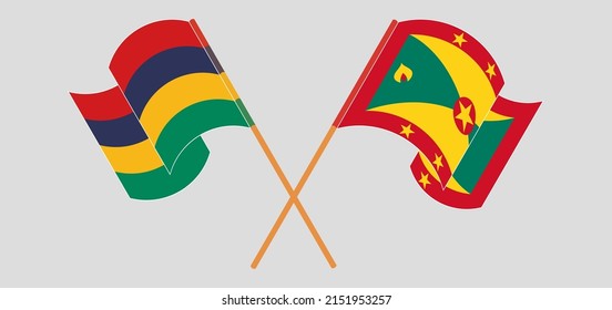 Crossed and waving flags of Mauritius and Grenada. Vector illustration
