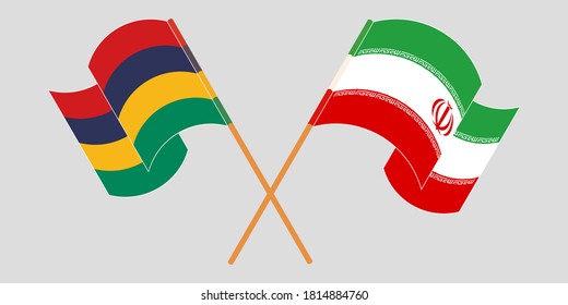 Banderas cruzadas y ondeando banderas de Mauricio e Irán