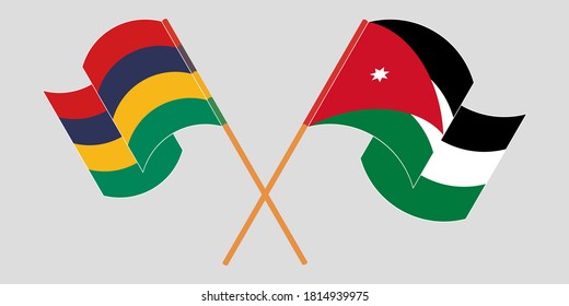 Crossed and waving flags of Mauritius and Jordan