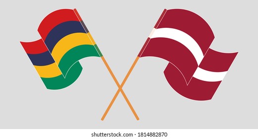 Crossed and waving flags of Mauritius and Latvia
