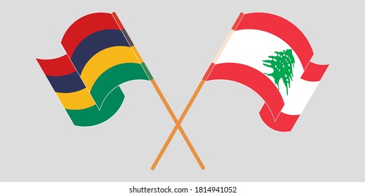Crossed and waving flags of Mauritius and Lebanon