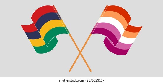 Crossed and waving flags of Mauritius and Lesbian Pride