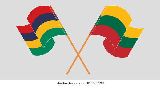 Crossed and waving flags of Mauritius and Lithuania