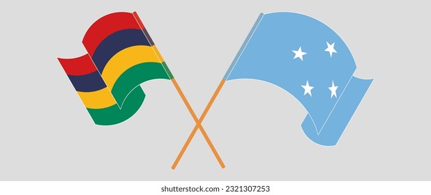 Crossed and waving flags of Mauritius and Micronesia. Vector illustration
