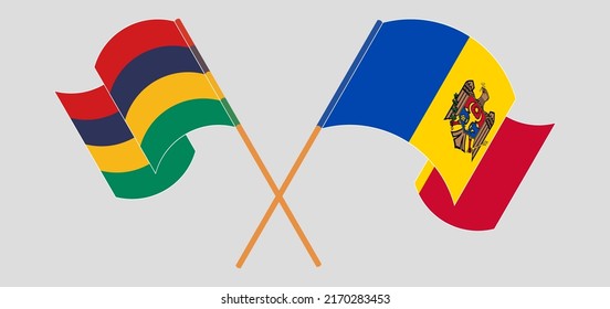 Crossed and waving flags of Mauritius and Moldova. Vector illustration
