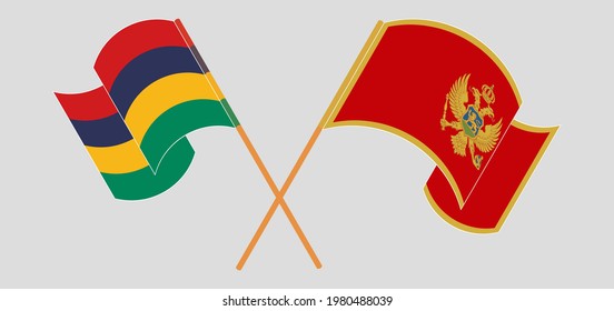 Crossed and waving flags of Mauritius and Montenegro