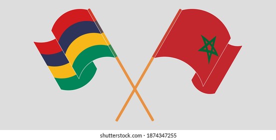 Banderas cruzadas y ondeando banderas de Mauricio y Marruecos