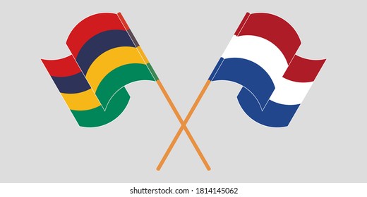 Crossed and waving flags of Mauritius and the Netherlands. Vector illustration
