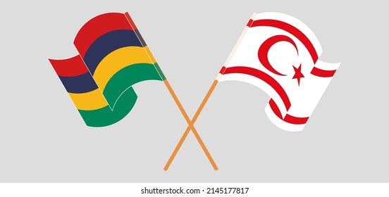 Crossed and waving flags of Mauritius and Northern Cyprus. Vector illustration

