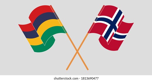 Crossed and waving flags of Mauritius and Norway. Vector illustration
