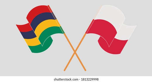 Crossed and waving flags of Mauritius and Poland