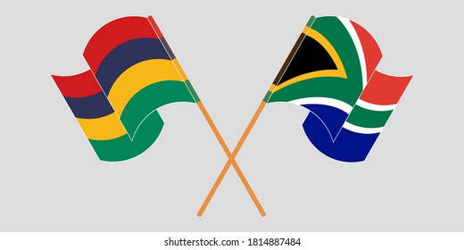 Crossed and waving flags of Mauritius and Republic of South Africa