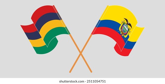 Crossed and waving flags of Mauritius and Republic of Ecuador. Vector illustration

