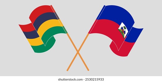 Crossed and waving flags of Mauritius and Republic of Haiti. Vector illustration.
