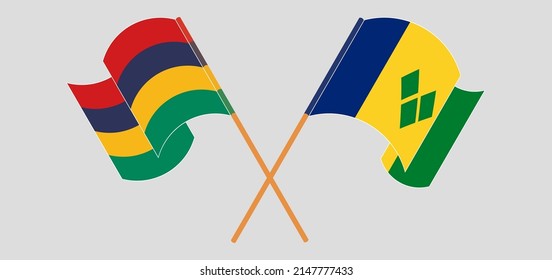 Crossed and waving flags of Mauritius and Saint Vincent and the Grenadines. Vector illustration
