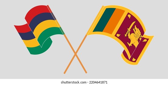 Crossed and waving flags of Mauritius and Sri Lanka. Vector illustration
