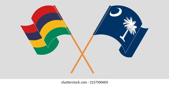 Crossed and waving flags of Mauritius and The State of South Carolina. Vector illustration
