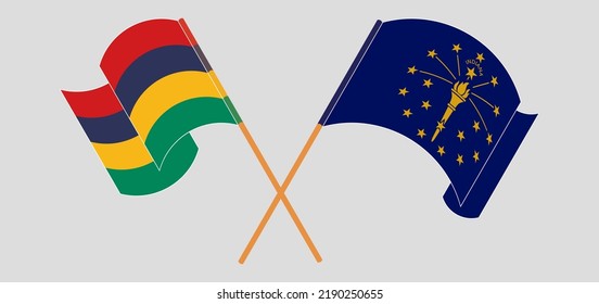Crossed and waving flags of Mauritius and the State of Indiana. Vector illustration
