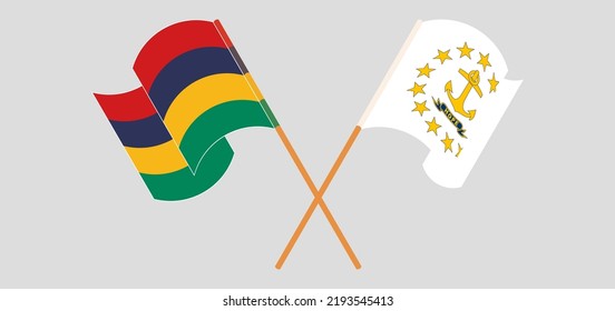 Crossed and waving flags of Mauritius and the State of Rhode Island. Vector illustration
