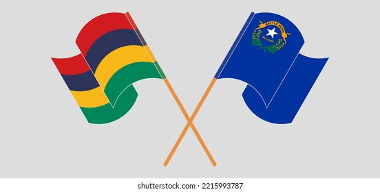 Crossed and waving flags of Mauritius and The State of Nevada. Vector illustration
