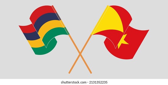 Gekreuzte und wehende Flaggen von Mauritius und Tigray. Vektorgrafik
