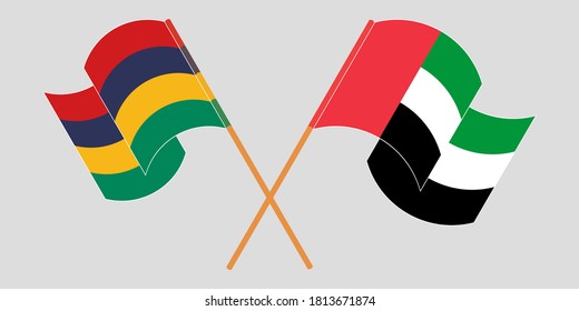 Crossed and waving flags of Mauritius and the United Arab Emirates. Vector illustration
