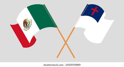 Crossed and waving flags of Mexico and christianity. Vector illustration
