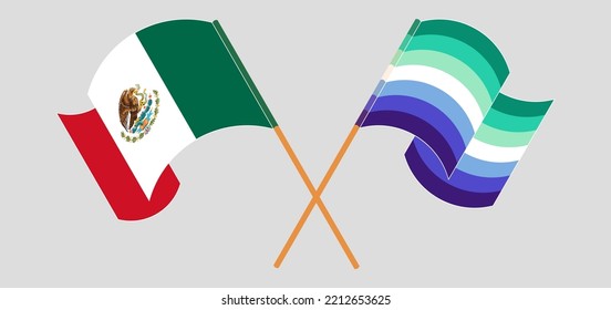 Crossed And Waving Flags Of Mexico And Gay Men Pride. Vector Illustration
