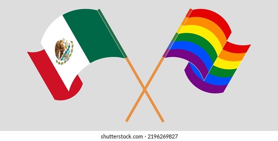 Crossed and waving flags of Mexico and LGBTQ. Vector illustration
