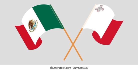 Crossed and waving flags of Mexico and Malta. Vector illustration
