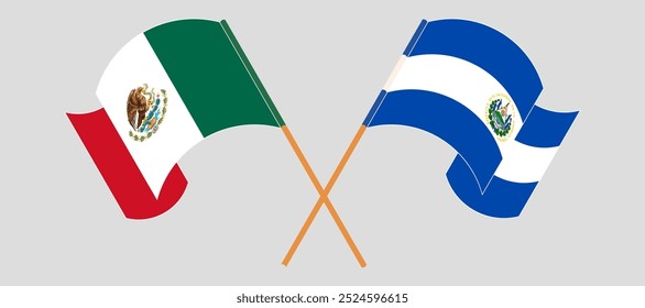 Crossed and waving flags of Mexico and Republic of El Salvador. Vector illustration.
