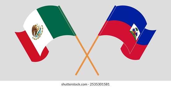 Banderas cruzadas y ondeando de México y la República de Haití. Ilustración vectorial.
