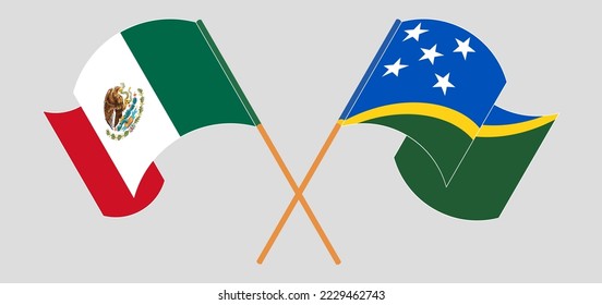 Crossed and waving flags of Mexico and Solomon Islands. Vector illustration
