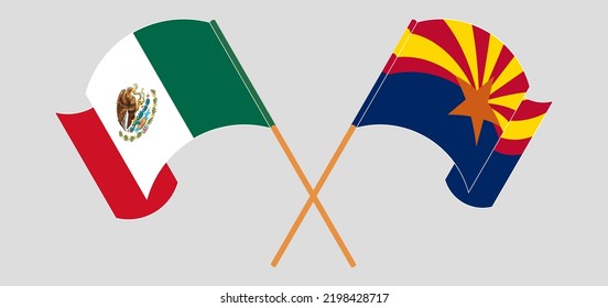 Überquerte und schwellende Flaggen von Mexiko und dem Staat Arizona. Vektorgrafik
