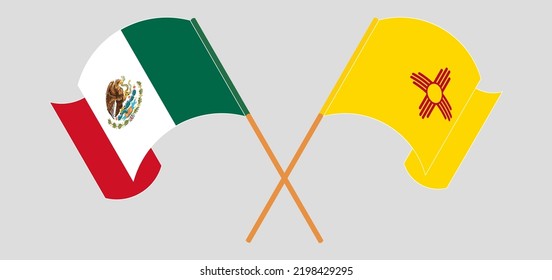 Crossed and waving flags of Mexico and the State of New Mexico. Vector illustration
