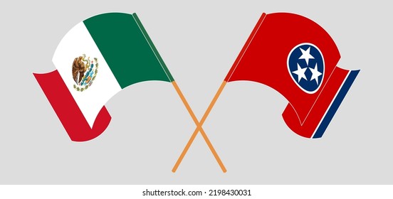 Crossed and waving flags of Mexico and The State of Tennessee. Vector illustration
