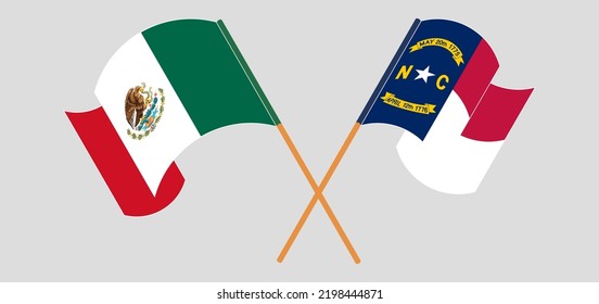 Crossed and waving flags of Mexico and The State of North Carolina. Vector illustration
