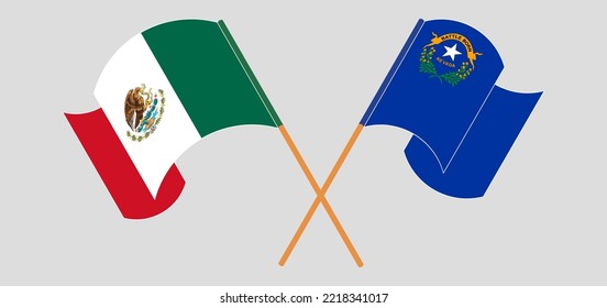 Crossed and waving flags of Mexico and The State of Nevada. Vector illustration
