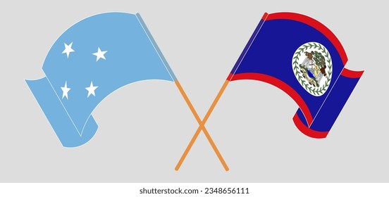Crossed and waving flags of Micronesia and Belize. Vector illustration
