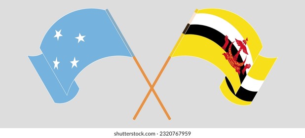 Crossed and waving flags of Micronesia and Brunei. Vector illustration
