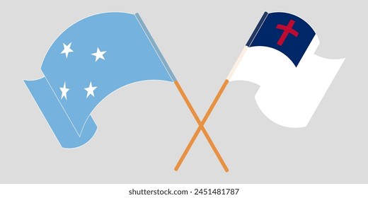 Crossed and waving flags of Micronesia and christianity. Vector illustration
