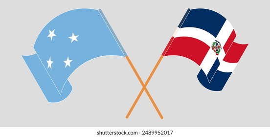 Crossed and waving flags of Micronesia and Dominican Republic. Vector illustration
