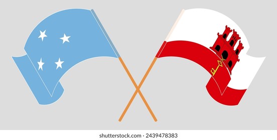 Crossed and waving flags of Micronesia and Gibraltar. Vector illustration
