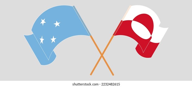 Crossed and waving flags of Micronesia and Greenland. Vector illustration
