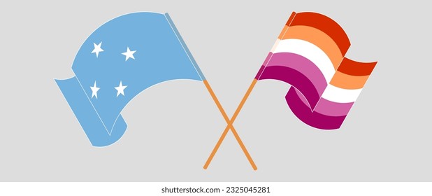 Crossed and waving flags of Micronesia and Lesbian Pride. Vector illustration
