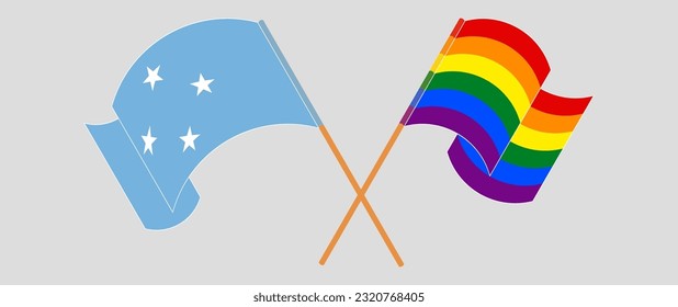 Crossed and waving flags of Micronesia and LGBTQ. Vector illustration
